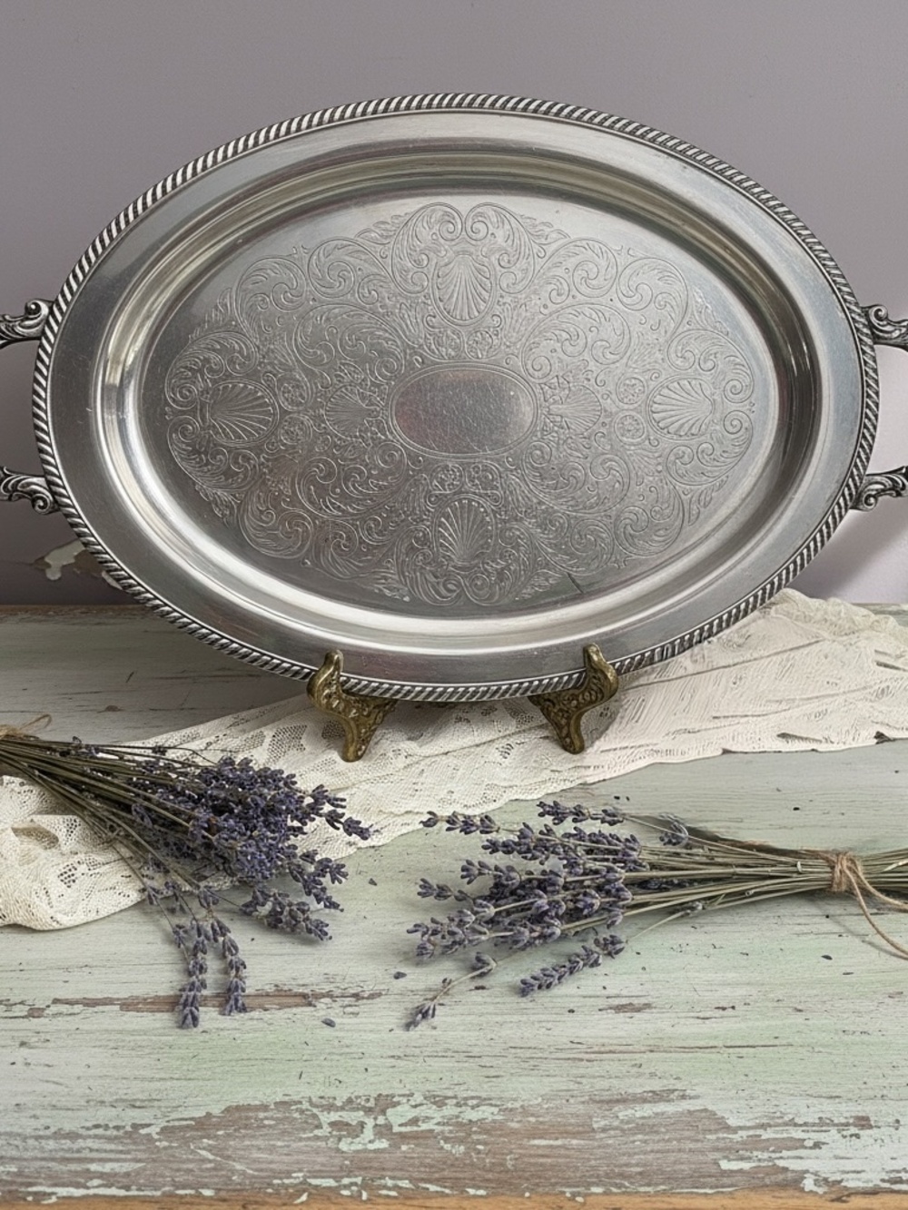 Vintage Large WM Rogers Silver Plated Oval Tray with Handles / Ornate Serving
